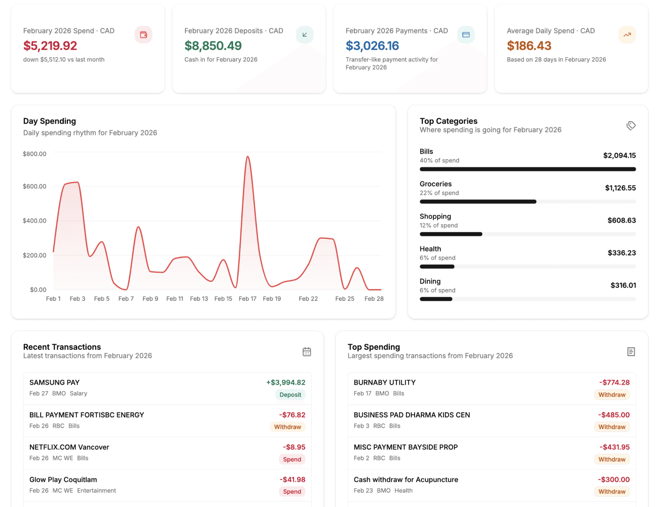 Spendcal dashboard overview after import
